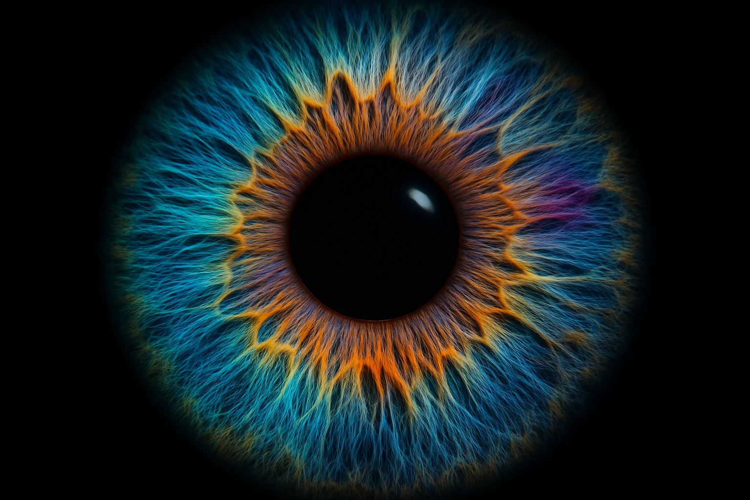 Portrait macro artistique d'un iris humain aux couleurs vives, façon animation Photo Iris