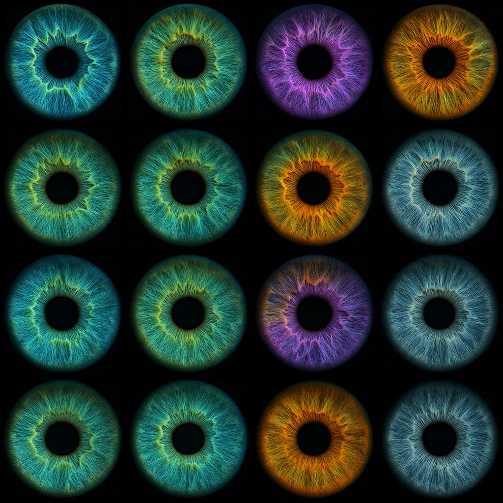 Composition artistique assemblant les portraits macro des iris de plusieurs invités